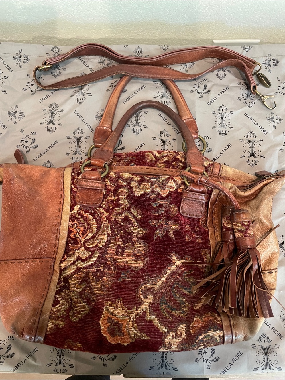 Isabella Fiore Red and Tan Tapestry Leather Satchel